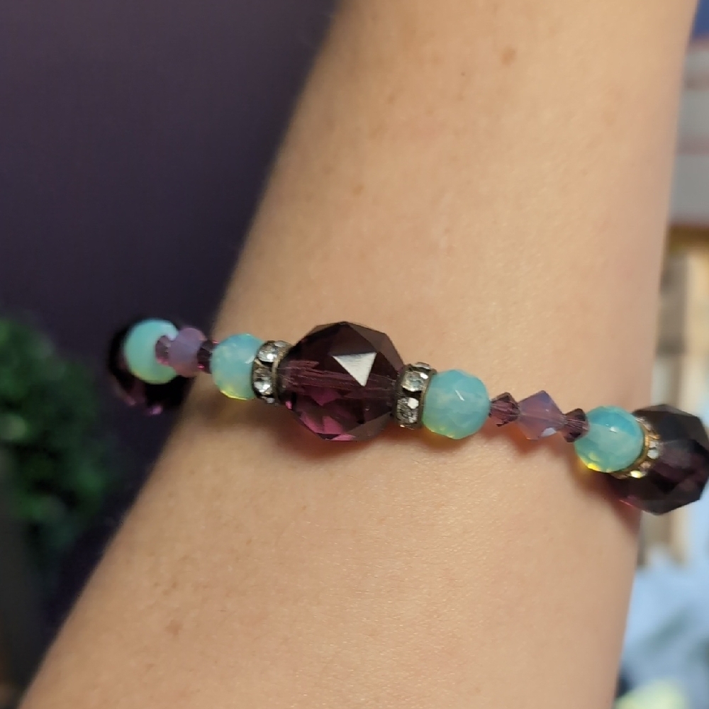 Amethyst & Aqua Glass Bracelet W/ Safety Chain
